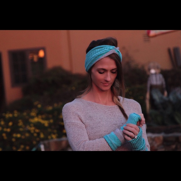 Knit headband, beanie, & fingerless mittens set.