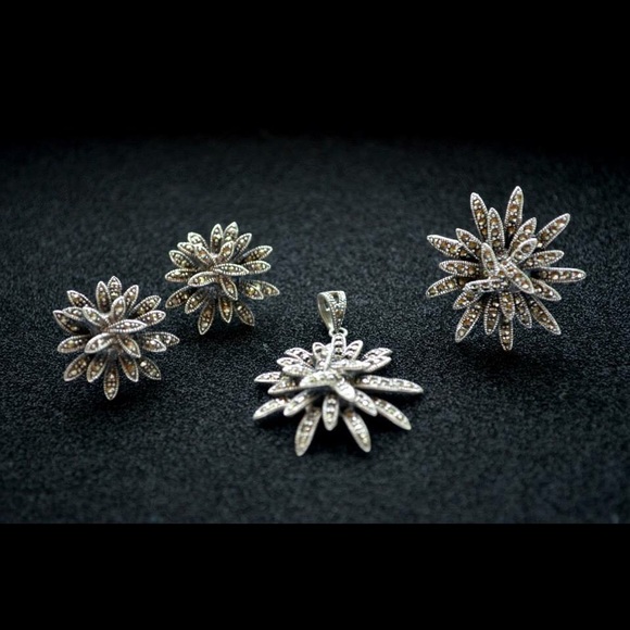 925k silver marcasite earrings, ring, JCrew skirt