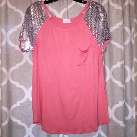 Coral and silver sequin sleeve top - Picture 1 of 2