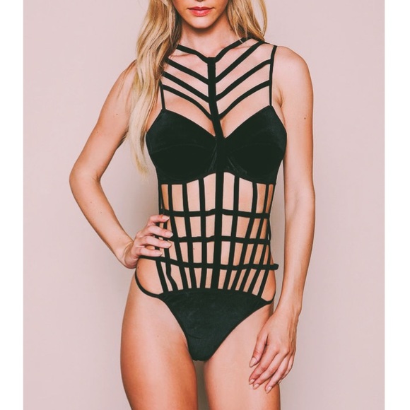 Boutique Tops - Black Strappy Caged Bodysuit- Fit S/M