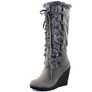 Grey Suede Wedge Furry Boots