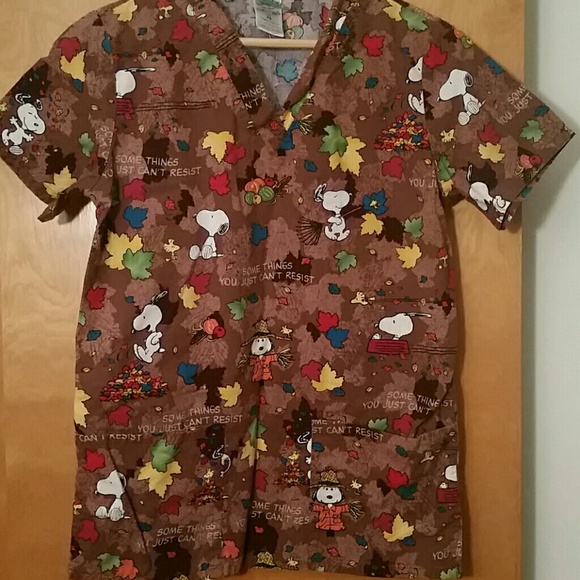 peanuts fall themed scrub top
