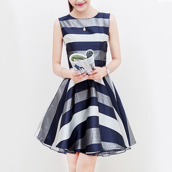 Stripped Blue, White, & Metallic Dress
