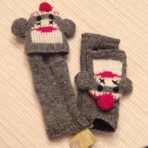 Sock monkey mittens, wool, hand knit