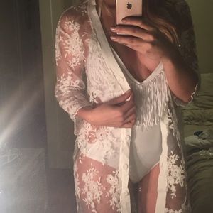 White lace and mesh duster bikini coverup