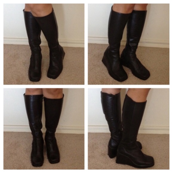 Black Leather Wedge Boots - Picture 4 of 4