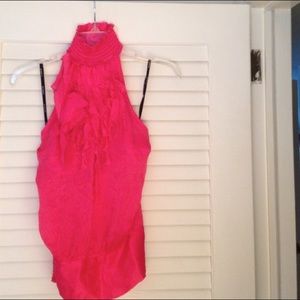 Pink Bebe SILK high neck open back top w/ Ruffles
