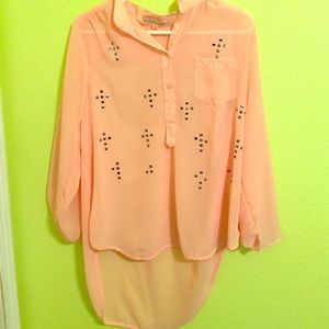 long sleeve, semi see-thought top.