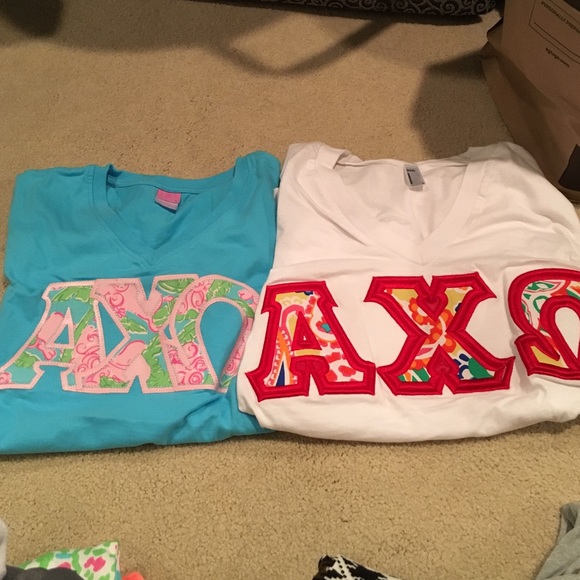 Set of 2 alpha chi omega stitch letter shirts