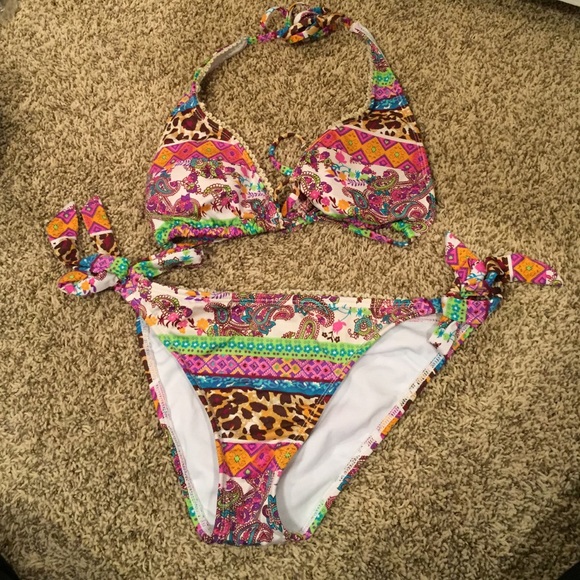 Printed Swimsuit halter top (L) tie bottoms (S)