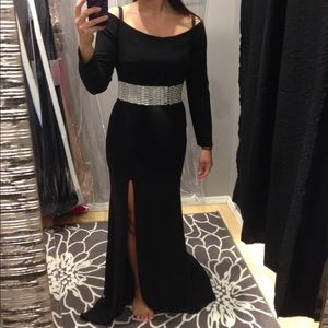 Jovani, black long sleeve gown crystal waist band