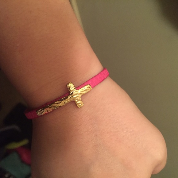 Pink Leather Cross Bracelet with Gold Accents