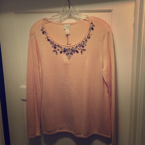 Light pink Chicos sweater with beaded neckline