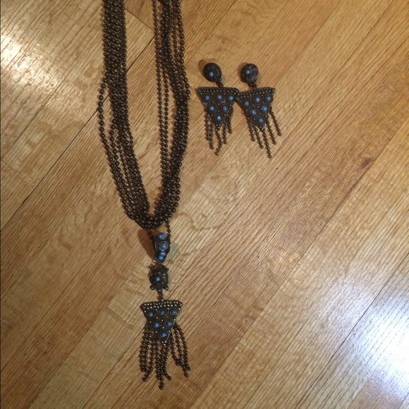 Vintage Native Long Turquoise Necklace & Earrings