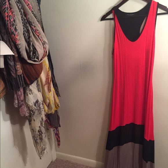 Red, blue, tan maxi dress