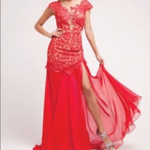 Red lace and chiffon cap sleeve gown