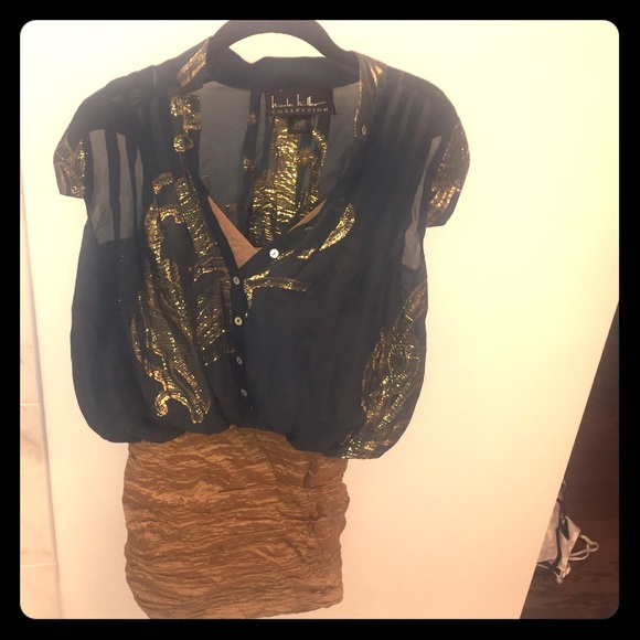 Nicole Miller beautiful teal and gold dress