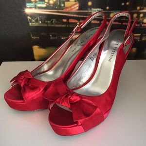 Red Satin Bow Peep Toe Heels