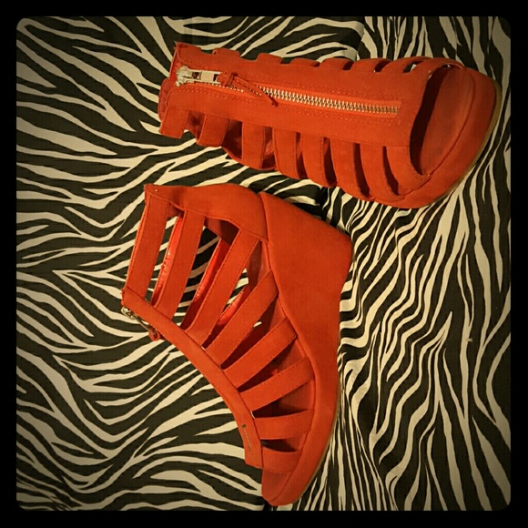 Burnt organge zip up peep toe wedge