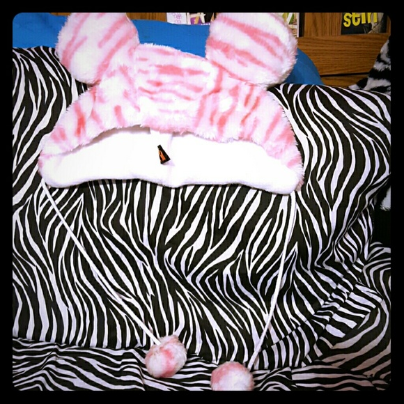Pink and white tiger striped bear eared hat