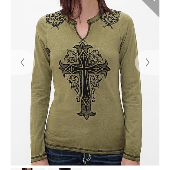 Green and black Affliction shirt.