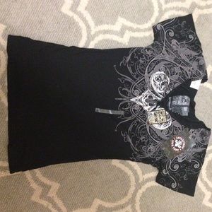 Black and silver Affliction shirt.