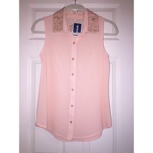 Pink Button-up Tank with Beaded Collar