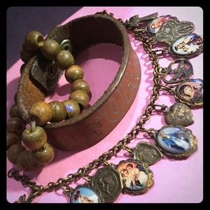 Leather, wood, rustic metal bracelet set🌰