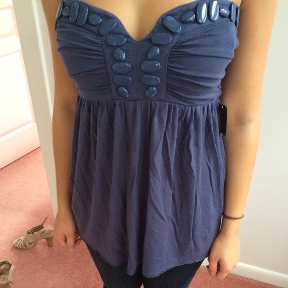 Slate blue strapless top with stone details