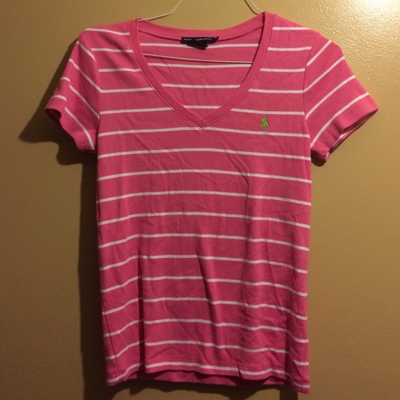 Pink and white striped v-neck polo