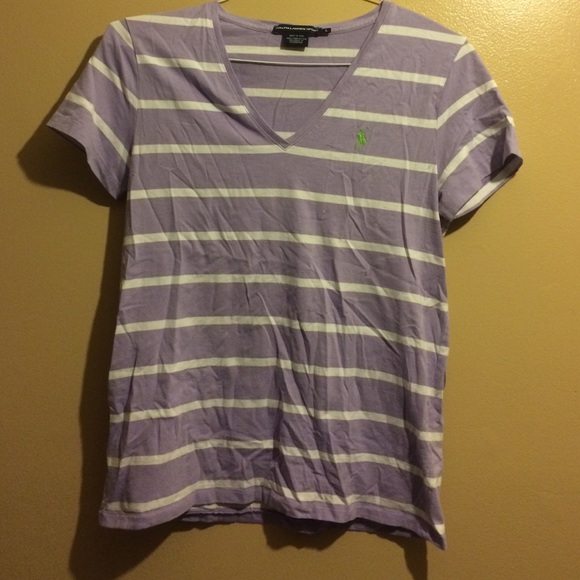 White and lavender striped deep V polo