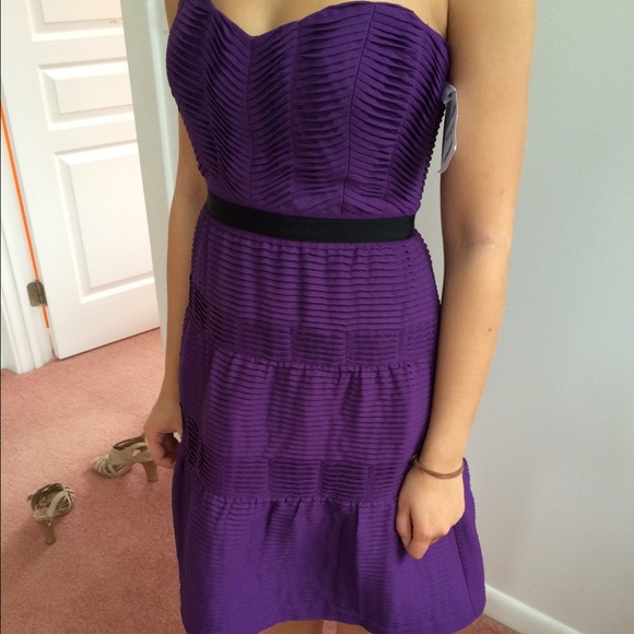 BCBG deep purple pleated layered strapless dress