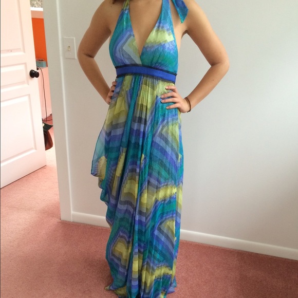 BCBG blue multicolor halter gown