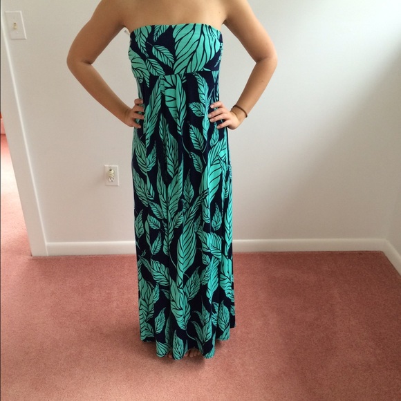 Turquoise and navy leaf print maxi dress