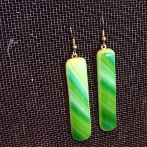 Handmade fused glass earrings green candy cane