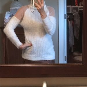White eyelash cold shoulder sweater