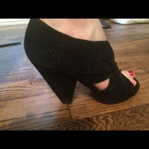 Black suede peep toe booties