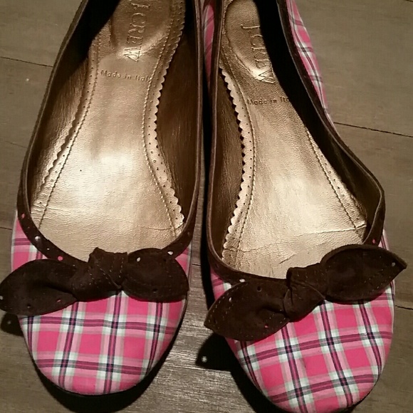 J.crew Pink plaid flats with brown suede trim