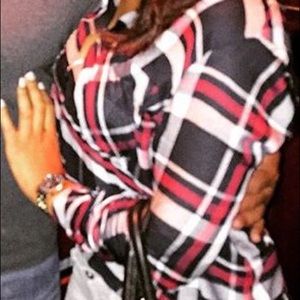 Striped black, grey, and red button up.