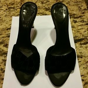 Gucci Black Velvet Logo Open Toe Gold Heel Mules
