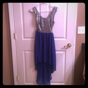 Silver sequined royal blue high low dress