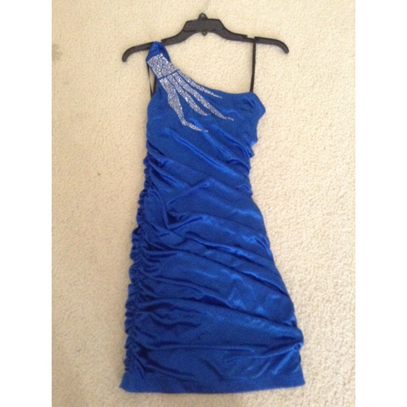 Blue silky one-shoulder dress