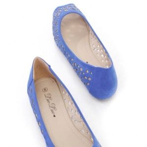 Royal Blue Rhinestone Peep Toe Flats faux Suede