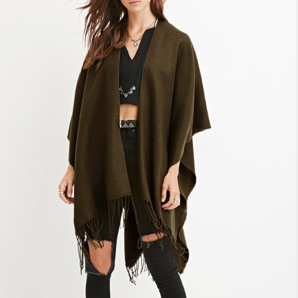 Tassel Hem Olive Poncho