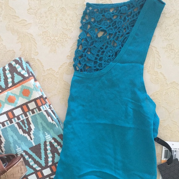 New turquoise crochet back tank blouse