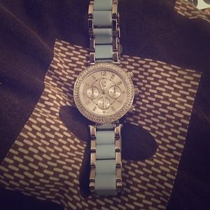Boyfriend watch - baby blue linked and silver