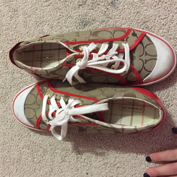 Size 9 Coach sneakers. Red brown white