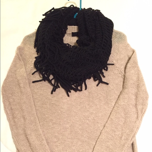 Black Crochet infinity scarf with fringe