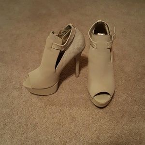 Suede snakeskin bootie heels