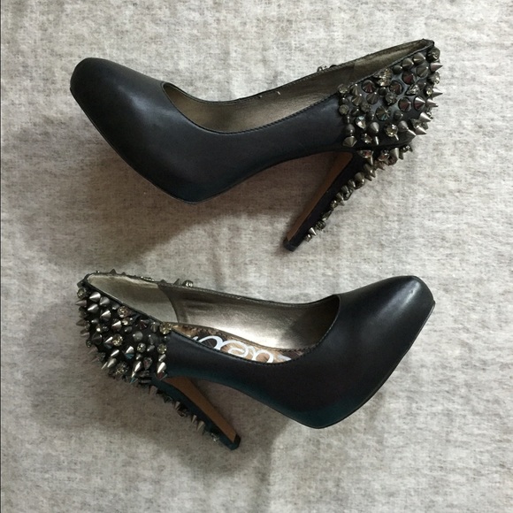 black leather studded heels